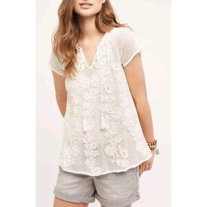 Anthropologie Top Womens Small LACE White Boho Embroidered Tassels Akemi Kin